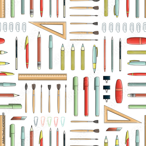 Vector seamless pattern of colored stationery, office or school supplies, writing materials. Geometric repeat background with isolated colorful pen, pencil, ruler, brush, binder, paper clip, eraser,