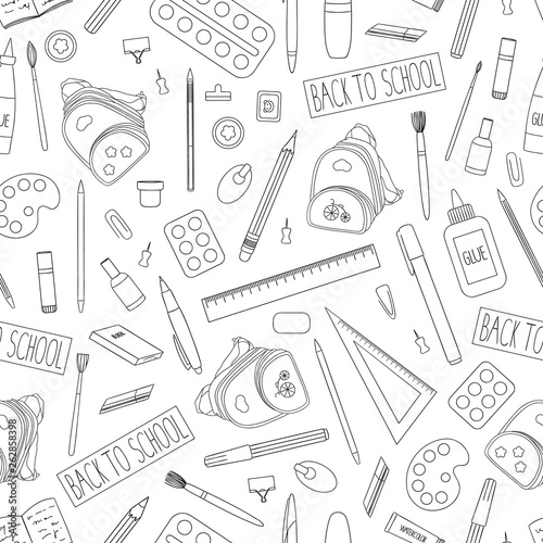 Vector seamless pattern of black and white stationery, office or school supplies. Back to school repeat background with isolated monochrome backpack, pen, pencil, ruler, glue, paint, brush, book