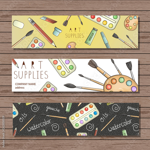 Bright colored stationery, writing materials, office, school or art supplies bookmarks. Art shop advertisement, banner, leaflet. Doodle style illustration of pencil, paint, brush, palette, watercolor