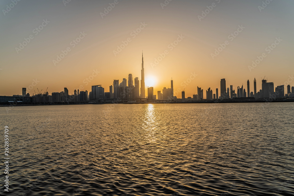 Evening view of Dubai City Skyline, Residential and Business Skyscrapers in Downtown, Dubai, UAE