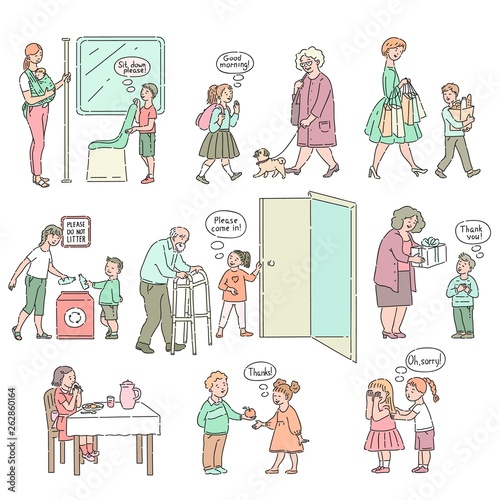 Vector good behaviour and manners of kids set