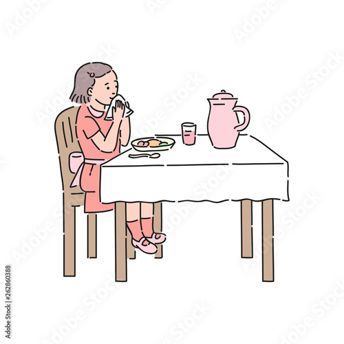 Vector well behaved girl wipes her lips napkin