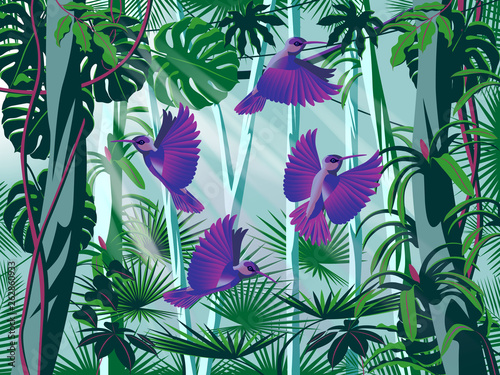 Flying hummingbirds in the thickets of a flowering rainforest.