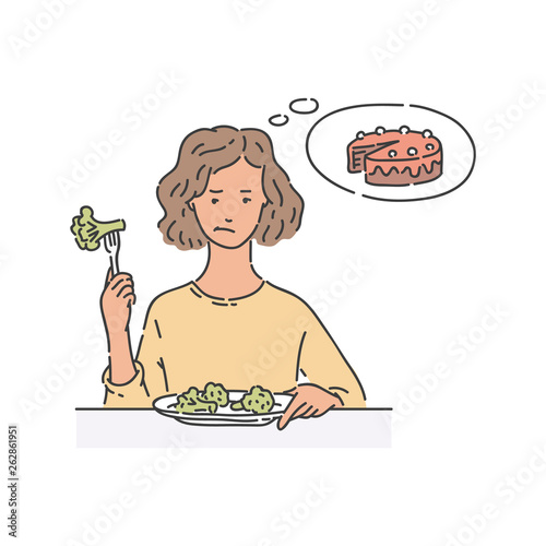 Sad woman sits at table eating broccoli and thinking about cake sketch style