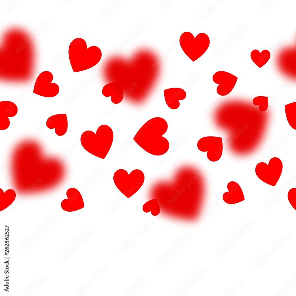 Vector cute seamless pattern with red hearts on white. Romantic background with random flying hearts confetti.  Horizontal Endless border for design, postcards, poster, Valentine's day, wedding. 