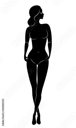 Silhouette of a sweet graceful lady. The girl has a beautiful slim figure. A woman is standing. Vector illustration.