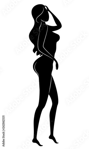 Silhouette of a sweet graceful lady. The girl has a beautiful slim figure. A woman is standing. Vector illustration.