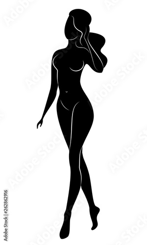 Silhouette of a sweet graceful lady. The girl has a beautiful slim figure. A woman is standing. Vector illustration.
