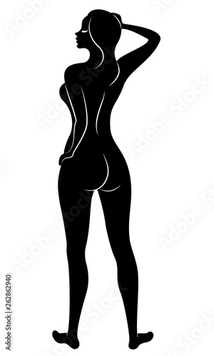 Silhouette of a sweet graceful lady. The girl has a beautiful slim figure. A woman is standing. Vector illustration.