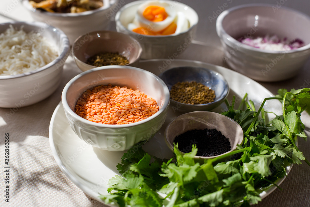 Ingredients for an Indian dish of Kitchri with smoked fish. Ingredients for an Indian dish of Kitchri with smoked fish.
