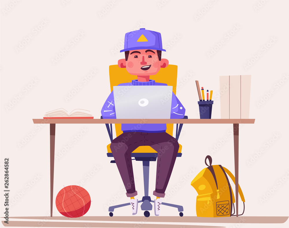 Student or schoolboy studying at the computer. Cartoon vector illustration Student or schoolboy studying at the computer. Cartoon vector illustration