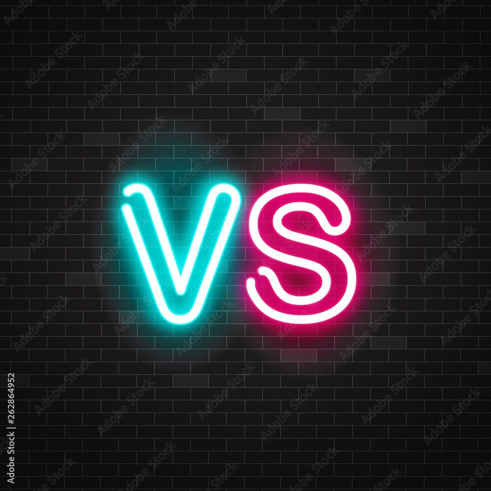 Neon symbol versus battle, outline glowing pink and blue letters vs. Neon symbol versus battle, outline glowing pink and blue letters vs.