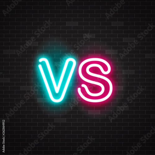 Neon symbol versus battle, outline glowing pink and blue letters vs.