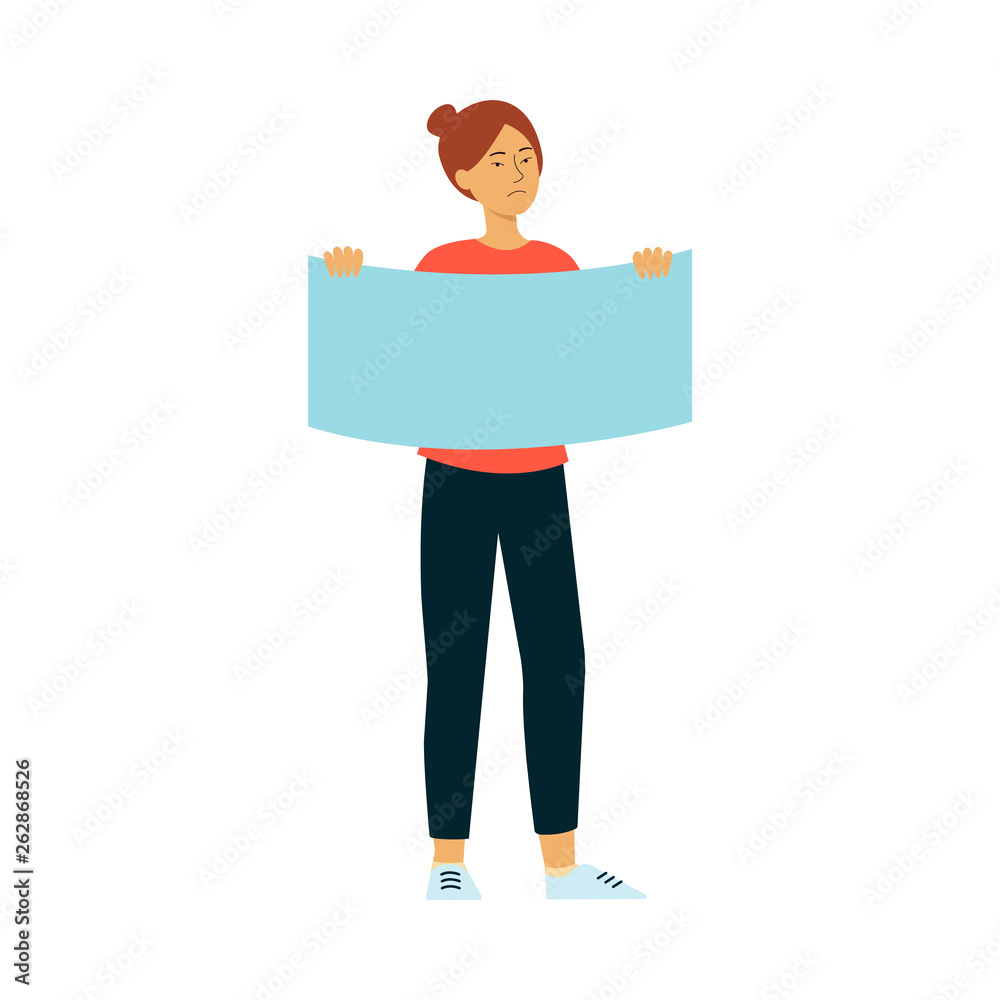 Protester woman or student holding a blank poster flat vector isolated on white. Protester woman or student holding a blank poster flat vector isolated on white.