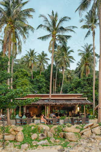 Friends in a bar under palm trees photo