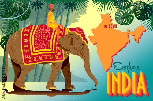 Tourist poster of India with Indian Raja riding an elephant, with jungle and map of India in the background.