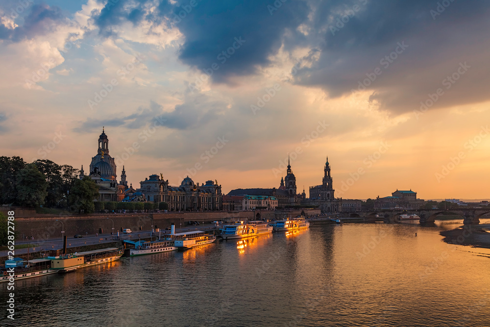 Dresden, Germany - City Skyline and the River Elbe at Sunset