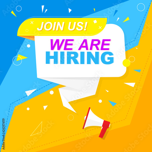 We are hiring a label. Blue and yellow style on a red, orange background. Mega idea and suggestion, geometric shapes. Vector illustration