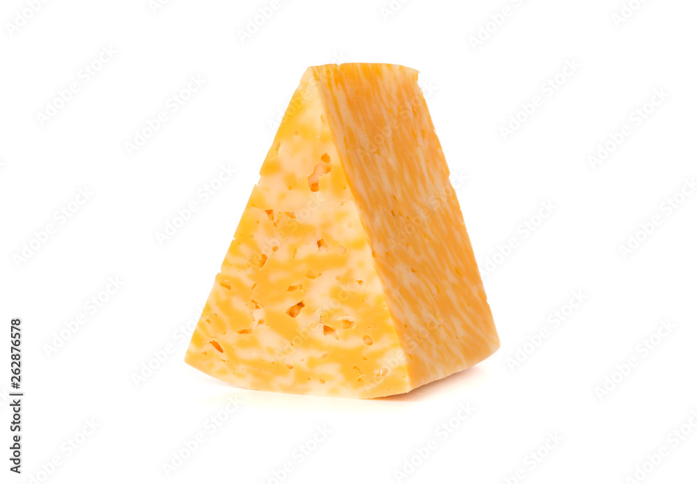 Marble cheese on a white background. Triangle of cheese close-up.