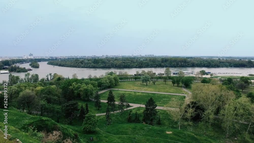 Aerial view from Kalemegdan fortress of Sava and Danube confluence on a cloudy day in Belgrade, Serbia Aerial view from Kalemegdan fortress of Sava and Danube confluence on a cloudy day in Belgrade, Serbia