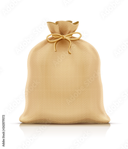 Burlap sack for products. Housekeeping and agriculture equipment. Close hessian bag for cargo. Isolated white background. Eps10 vector illustration.