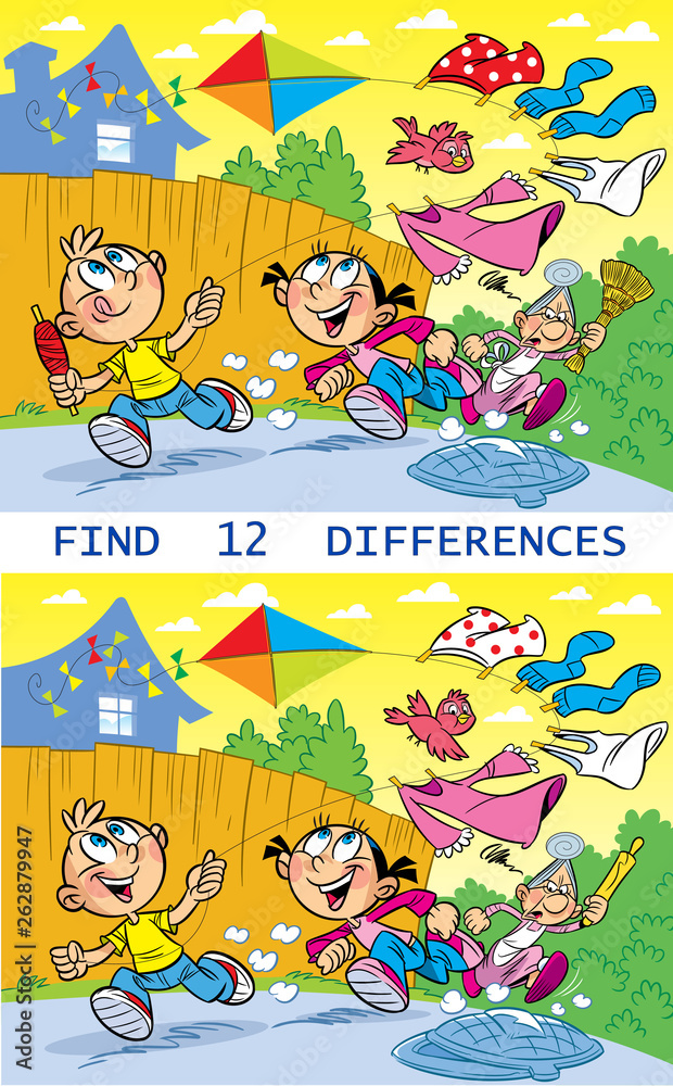 In the vector illustration puzzle, the task to find 12 differences in the  pictures, where the children are naughty, running with a kite and running  away from her grandmother Stock Vector