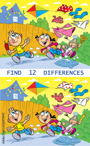 In the vector illustration puzzle, the task to find 12 differences in the pictures, where the children are naughty, running with a kite and running away from her grandmother