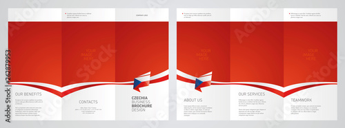 Wavy flag and ribbon of Czech Republic three fold brochure modern design red abstract background