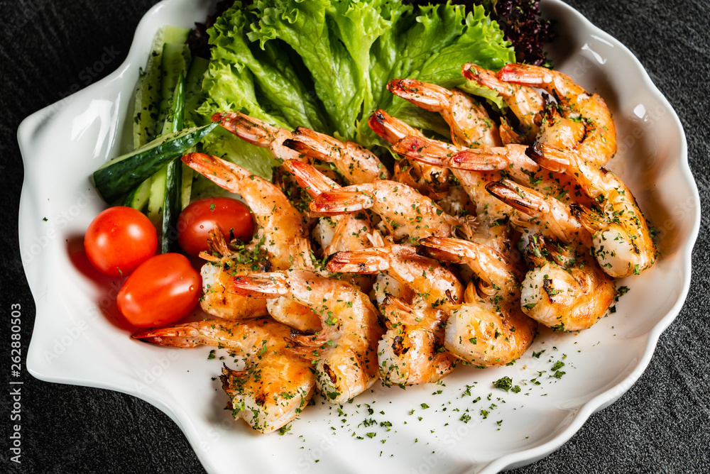 grilled shrimps with salad and wine grilled shrimps with salad and wine