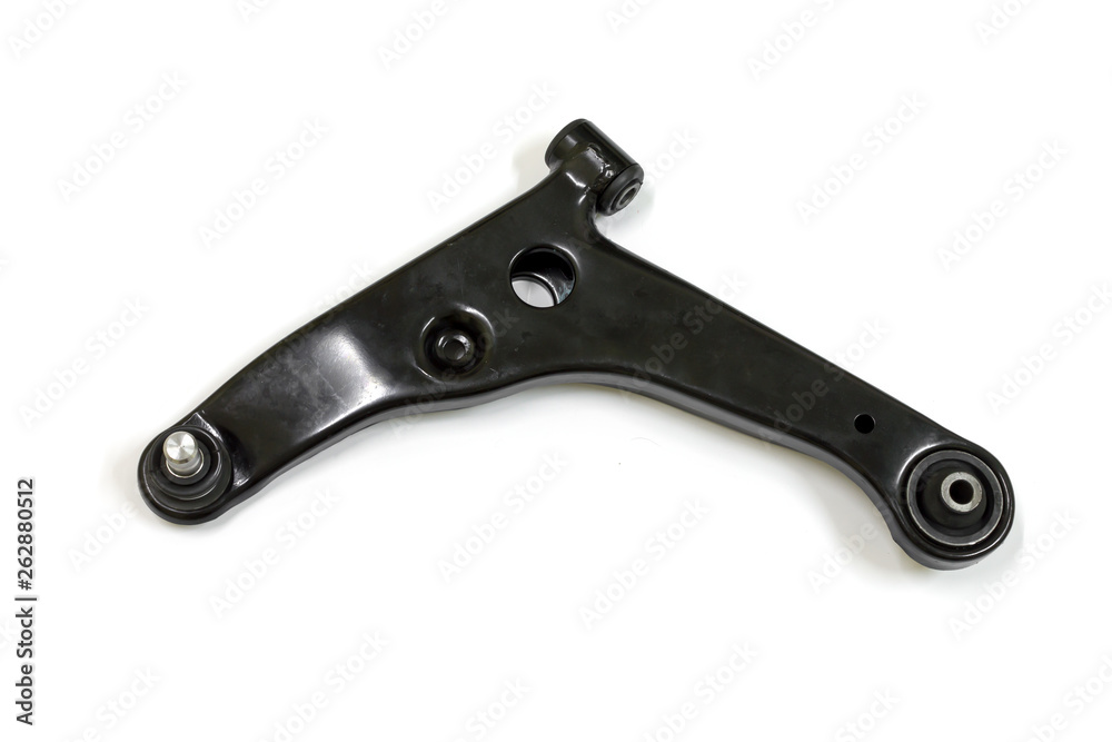 Left front lower control arm for Japanese car on white background, isolated.