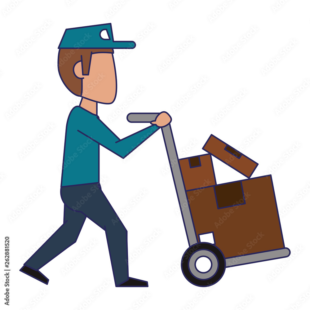 Courier pushing handtruck with boxes blue lines Courier pushing handtruck with boxes blue lines