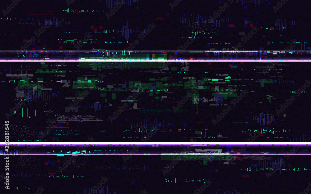 Glitch no signal. Digital distortions with color pixel noise. VHS background with distorted lines. Video problem concept. Video game glitch. TV screen pause. Vector illustration