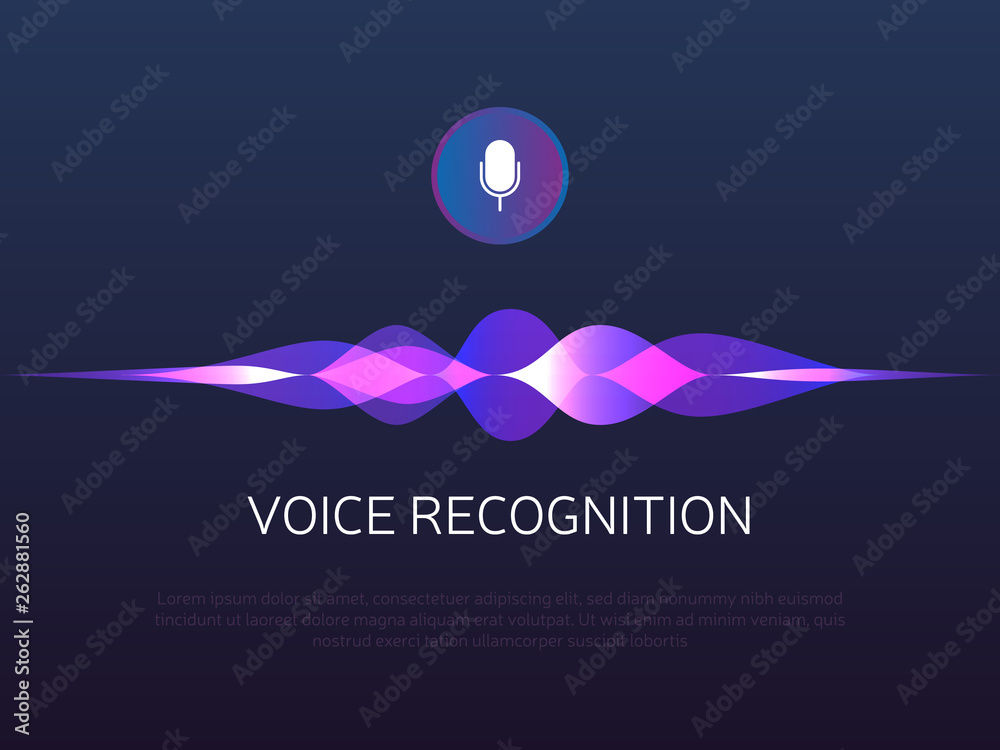 Voice recognition. Sound waves and microphone. Personal assistant and artificial Intelligence. Mic button with gradient soundwaves. Voice imitation and intelligent technologies. Vector illustration