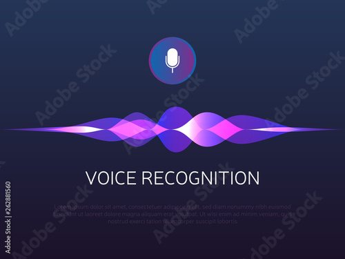 Voice recognition. Sound waves and microphone. Personal assistant and artificial Intelligence. Mic button with gradient soundwaves. Voice imitation and intelligent technologies. Vector illustration