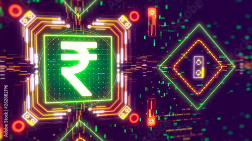 India rupee money sign. Futuristic style 3d illustration with neon colors