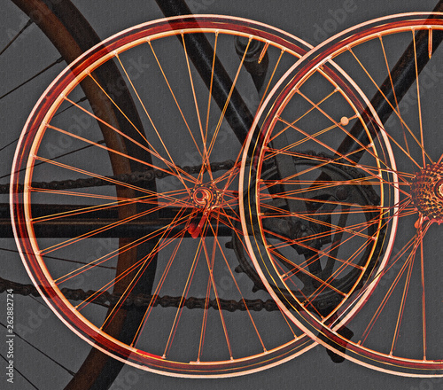 Illustration of bicycle wheels with old chains in the background