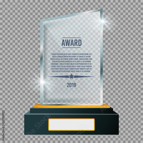 Glass trophy plaque award. Glossy transparent prize. Vector illustration.
