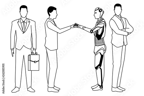 businessmen with humanoid robot black and white