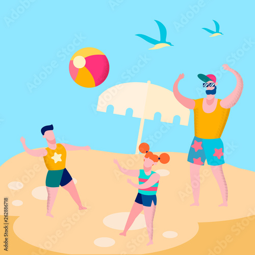 Daddy and Kids Playing Ball Game Flat Illustration