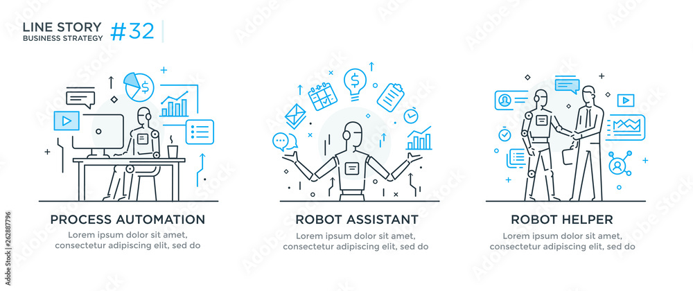 Set of illustrations concept with businessmen. technology, partnership, connection, business robot, cybes. linear illustration Icons infographics. Landing page site print poster. Line story
