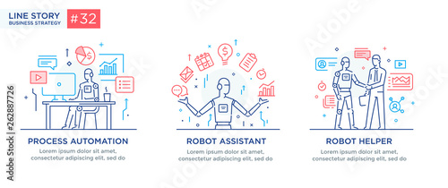 Set of illustrations concept with businessmen. technology, partnership, connection, business robot, cybes. linear illustration Icons infographics. Landing page site print poster. Line story