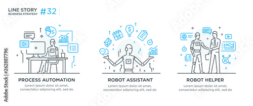 Set of illustrations concept with businessmen. technology, partnership, connection, business robot, cybes. linear illustration Icons infographics. Landing page site print poster. Line story