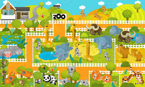 Fototapeta Naklejka Na Ścianę i Meble -  cartoon scene with zoo and tropical animals - illustration for children