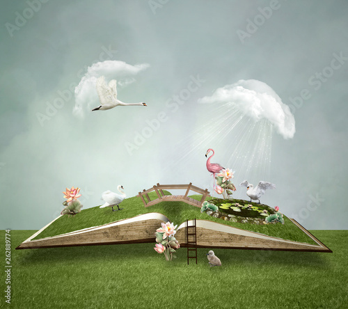Obraz na plátně Open book with little green world inside – 3D illustration