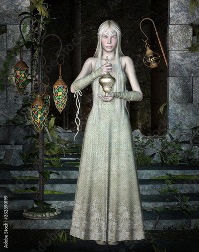 Canvas Print Young fantasy princess wearing a white dress with a magic potion in her hands –