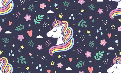 Fototapete Einhornmuster Einhorn mit Regenbogenmähne Doodle Muster  © Olga