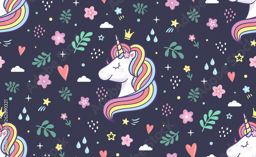 Seamless vector pattern. Unicorn with rainbow mane and doodle style elements for textile, print or web design.