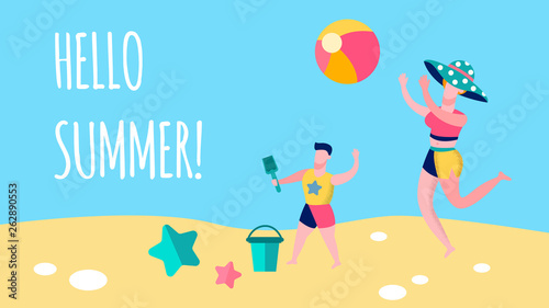 Mother, Child Seaside Game Flat Banner Template