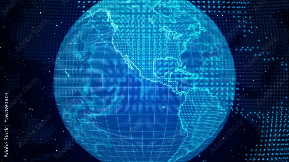 Digital blue planet Earth. Zoom in 3D animation with rotating globe with shining continents. Abstract global business concept.