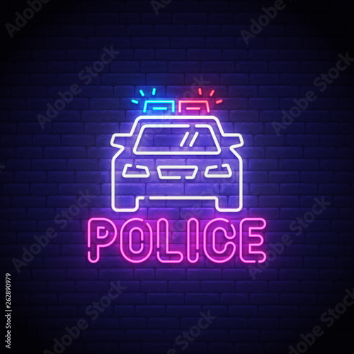 Police neon sign, bright signboard, light banner. Police logo neon, emblem. Vector illustration